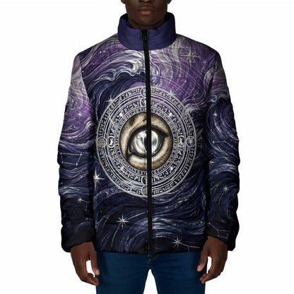 Pakhet Panther Padded Jacket with Cosmic Feline Eye on Starry Night River