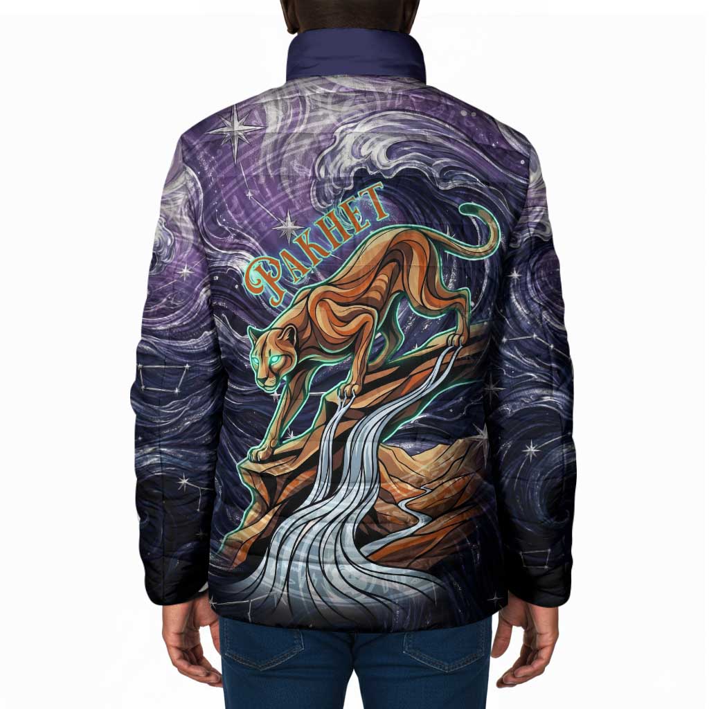 Pakhet Panther Padded Jacket with Cosmic Feline Eye on Starry Night River