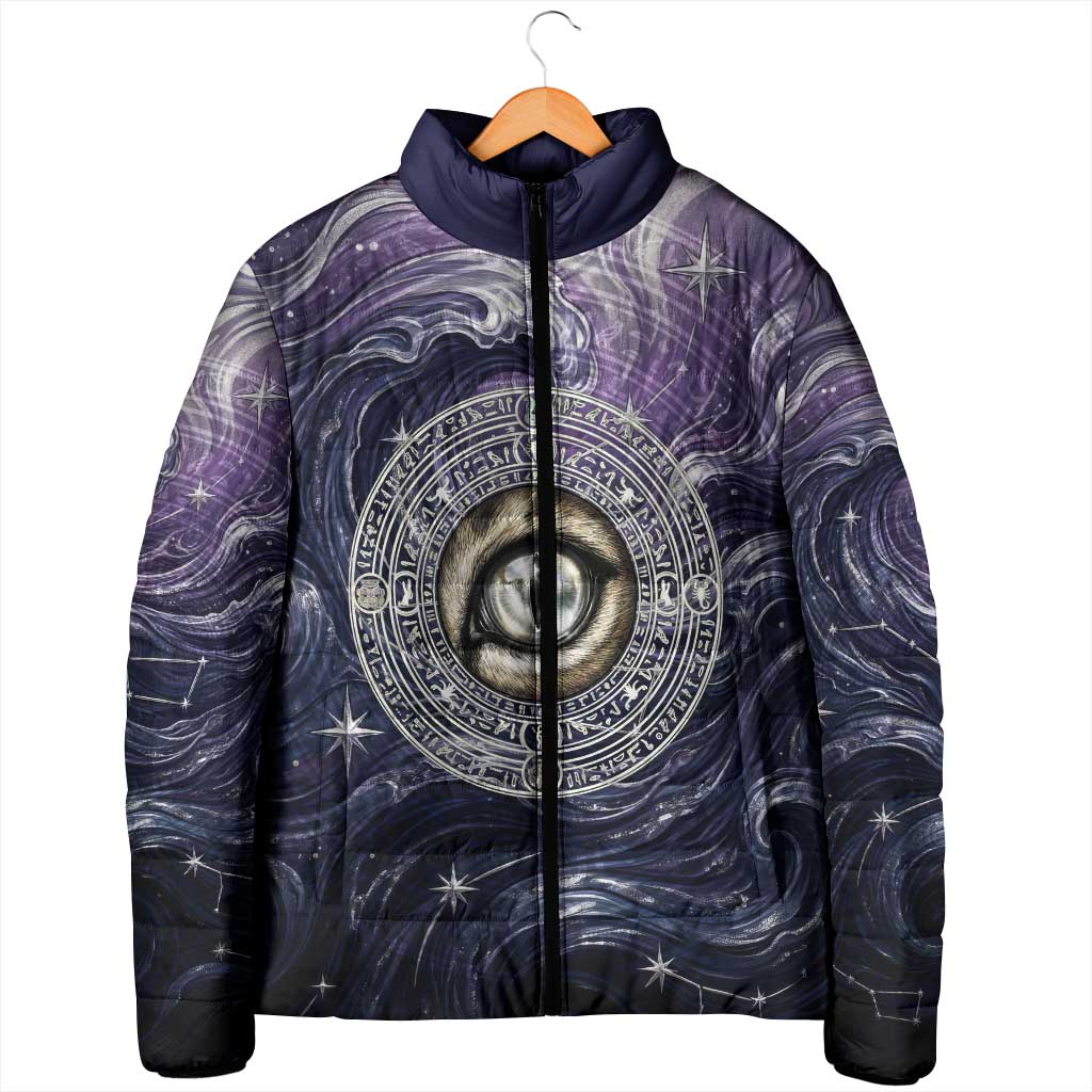Pakhet Panther Padded Jacket with Cosmic Feline Eye on Starry Night River