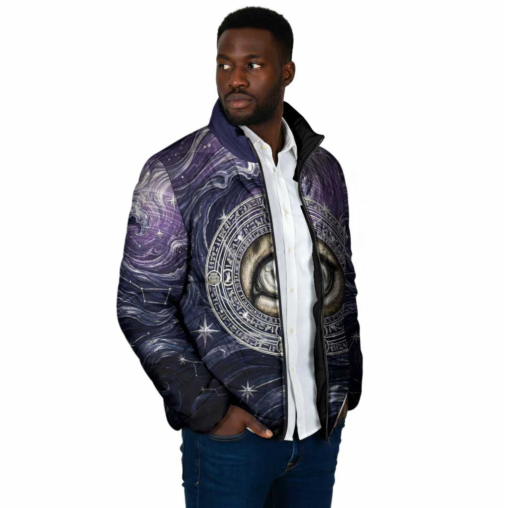 Pakhet Panther Padded Jacket with Cosmic Feline Eye on Starry Night River