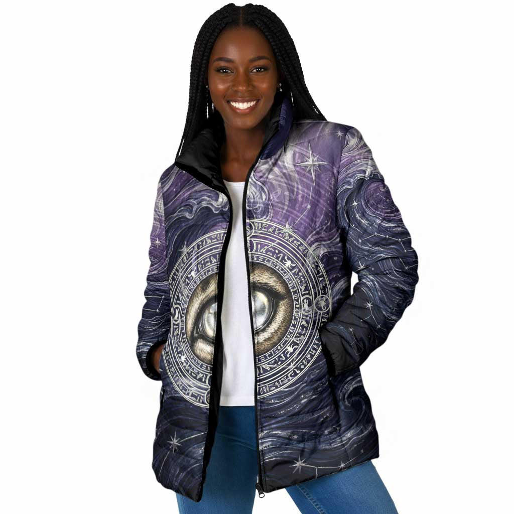 Pakhet Panther Padded Jacket with Cosmic Feline Eye on Starry Night River