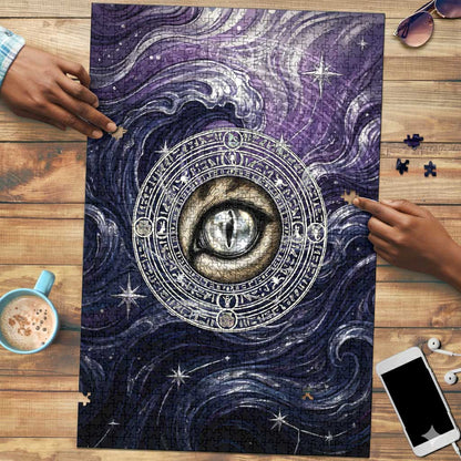 Pakhet Panther Puzzle with Cosmic Feline Eye on Starry Night River