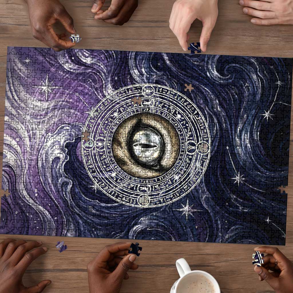 Pakhet Panther Puzzle with Cosmic Feline Eye on Starry Night River