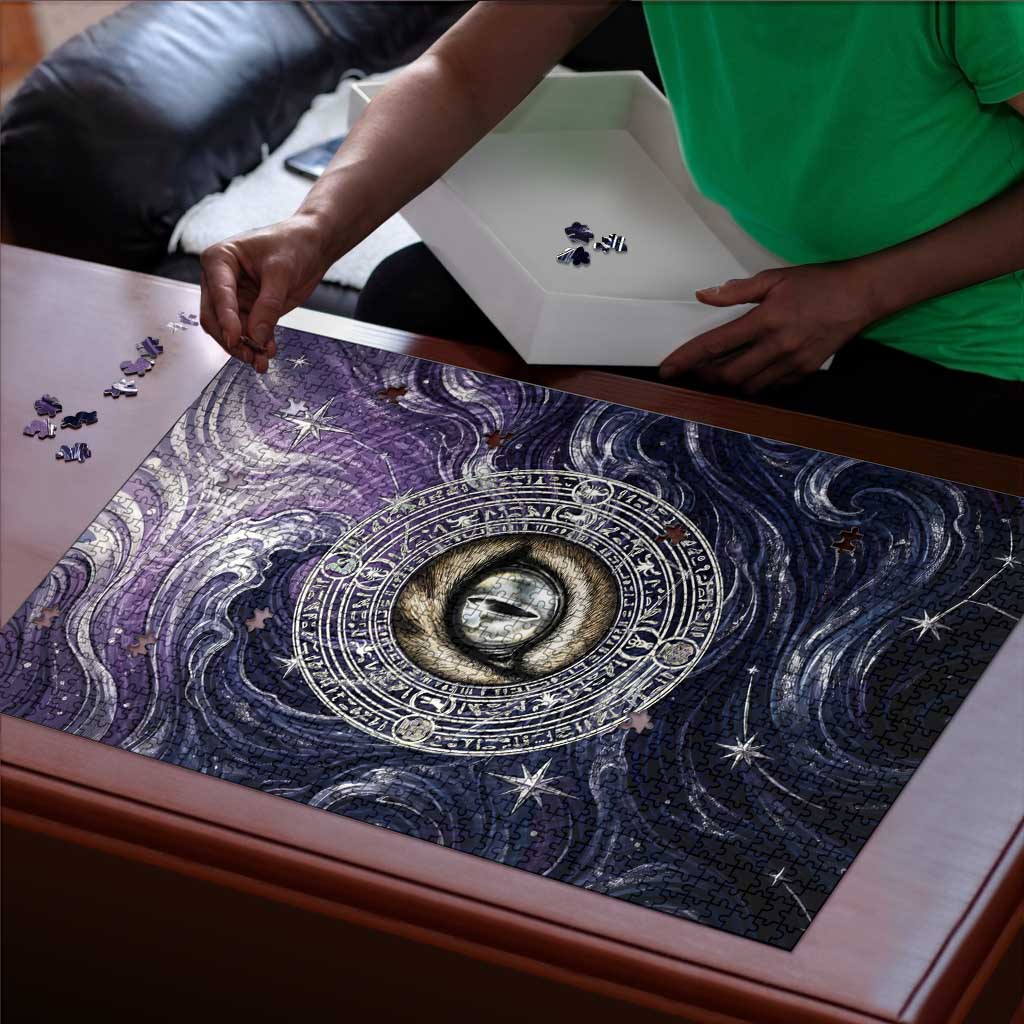 Pakhet Panther Puzzle with Cosmic Feline Eye on Starry Night River