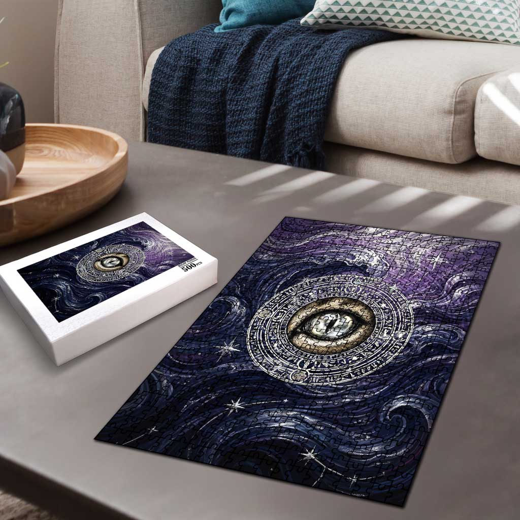 Pakhet Panther Puzzle with Cosmic Feline Eye on Starry Night River