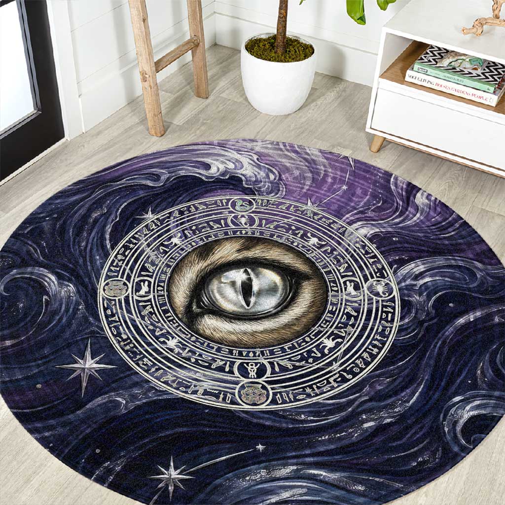Pakhet Panther Round Carpet with Cosmic Feline Eye on Starry Night River