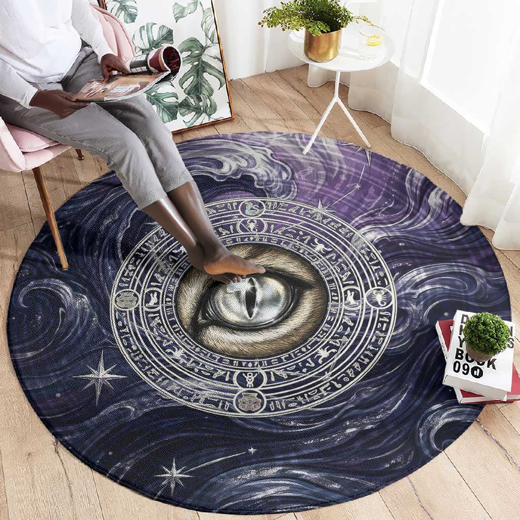Pakhet Panther Round Carpet with Cosmic Feline Eye on Starry Night River