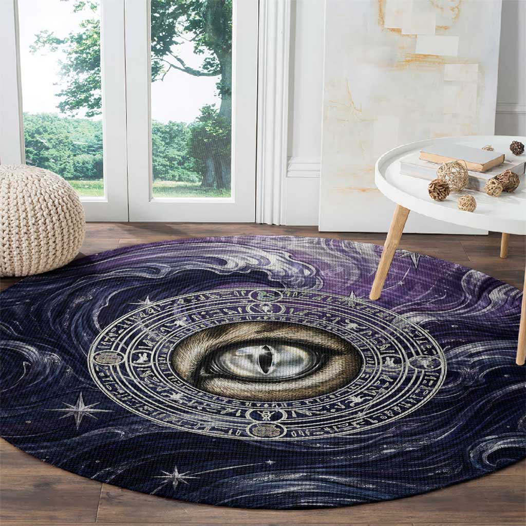 Pakhet Panther Round Carpet with Cosmic Feline Eye on Starry Night River