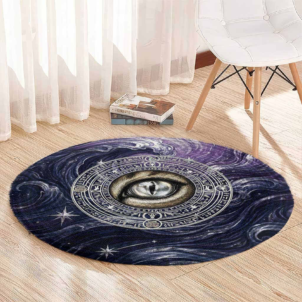 Pakhet Panther Round Carpet with Cosmic Feline Eye on Starry Night River