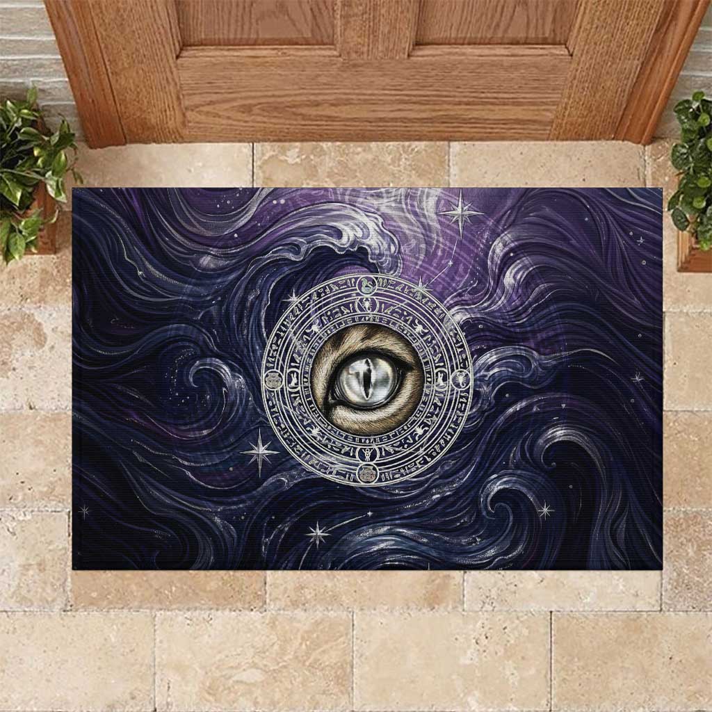 Pakhet Panther Rubber Doormat with Cosmic Feline Eye on Starry Night River