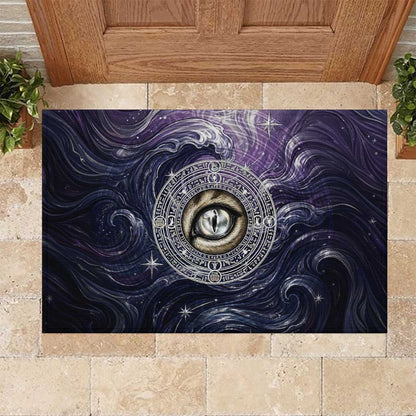 Pakhet Panther Rubber Doormat with Cosmic Feline Eye on Starry Night River
