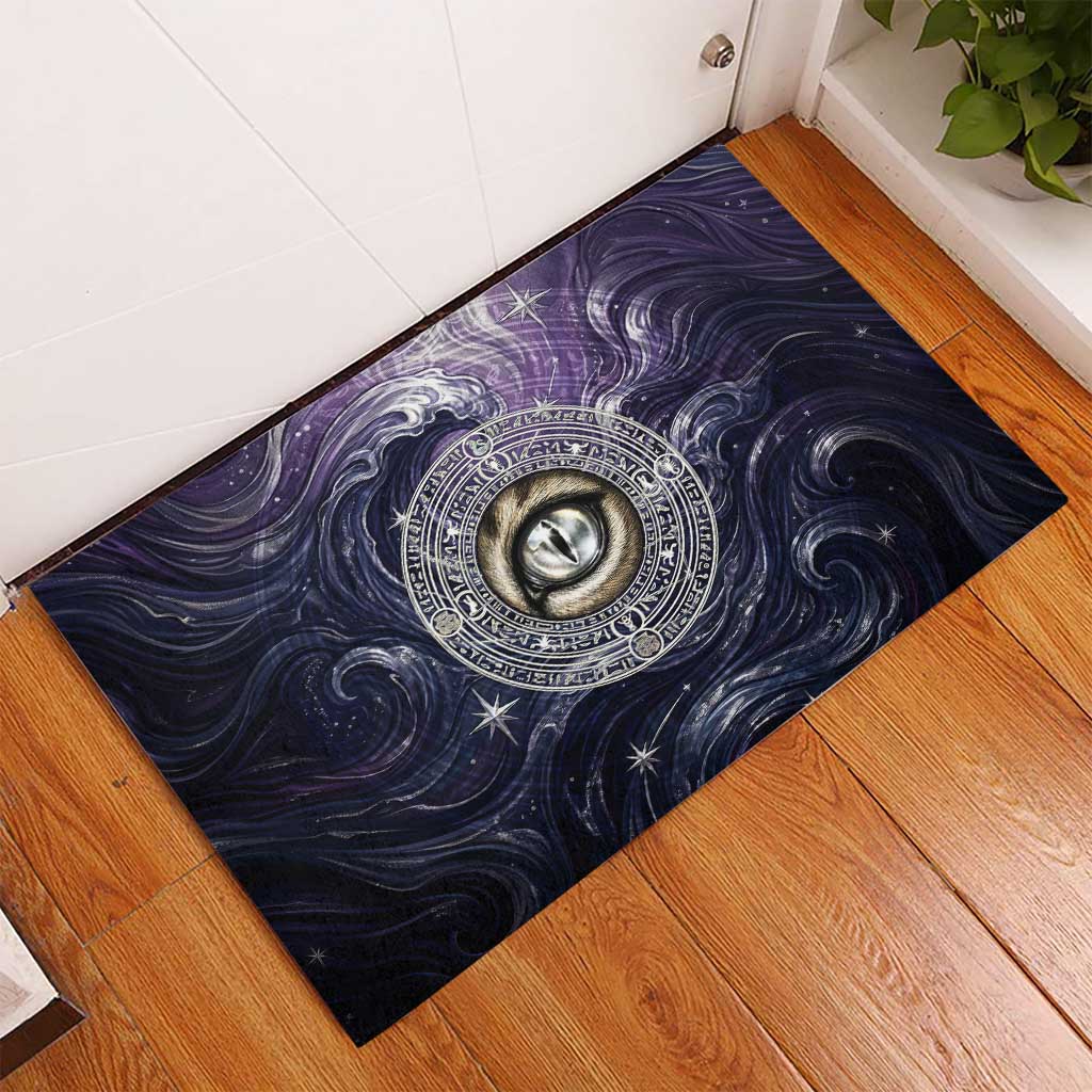 Pakhet Panther Rubber Doormat with Cosmic Feline Eye on Starry Night River