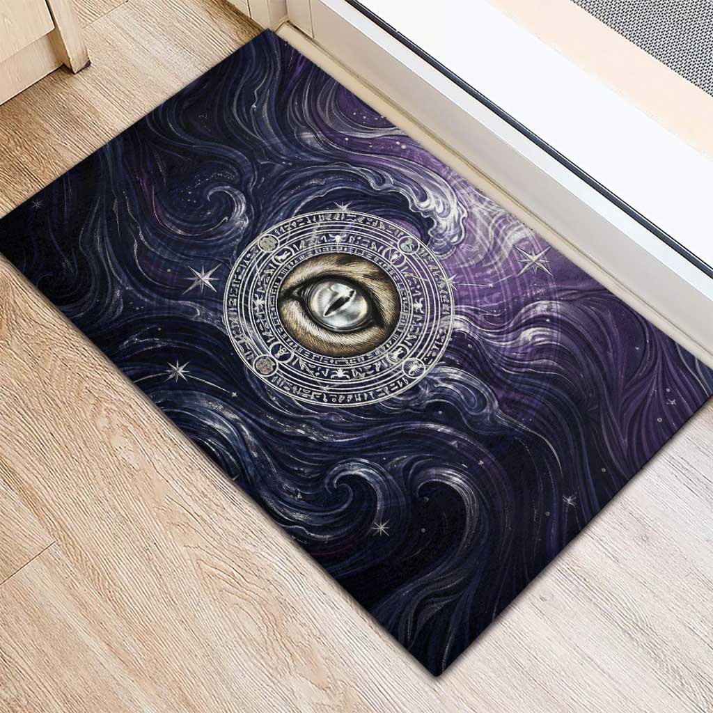 Pakhet Panther Rubber Doormat with Cosmic Feline Eye on Starry Night River