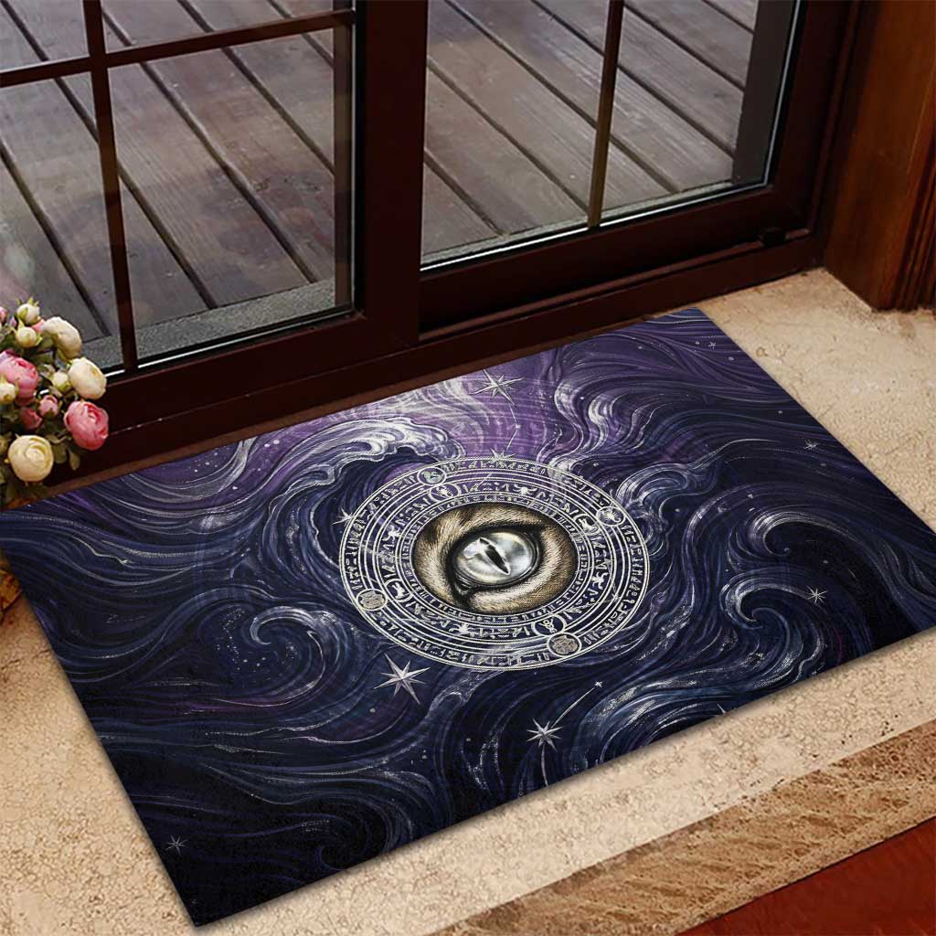 Pakhet Panther Rubber Doormat with Cosmic Feline Eye on Starry Night River