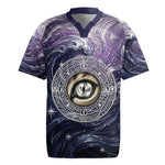 Pakhet Panther Rugby Jersey with Cosmic Feline Eye on Starry Night River