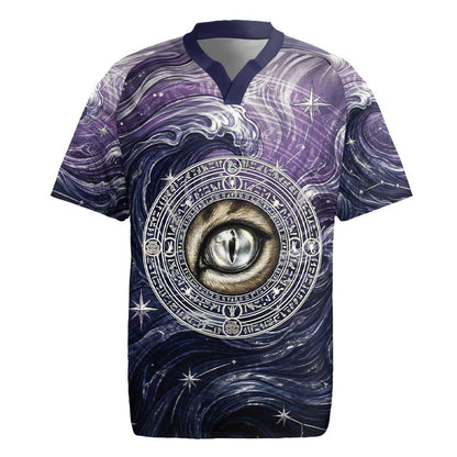 Pakhet Panther Rugby Jersey with Cosmic Feline Eye on Starry Night River