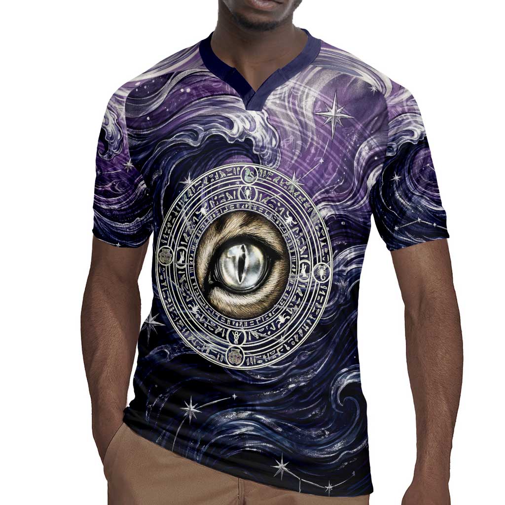 Pakhet Panther Rugby Jersey with Cosmic Feline Eye on Starry Night River
