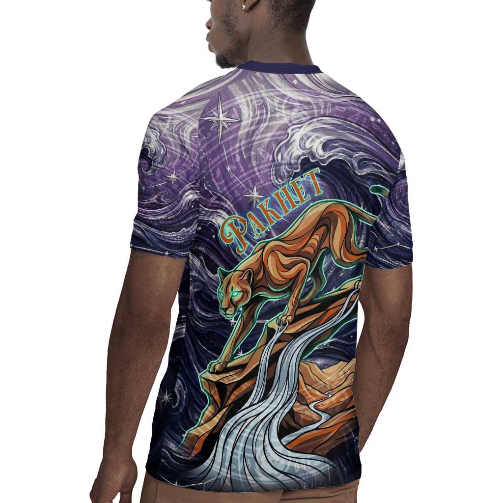 Pakhet Panther Rugby Jersey with Cosmic Feline Eye on Starry Night River