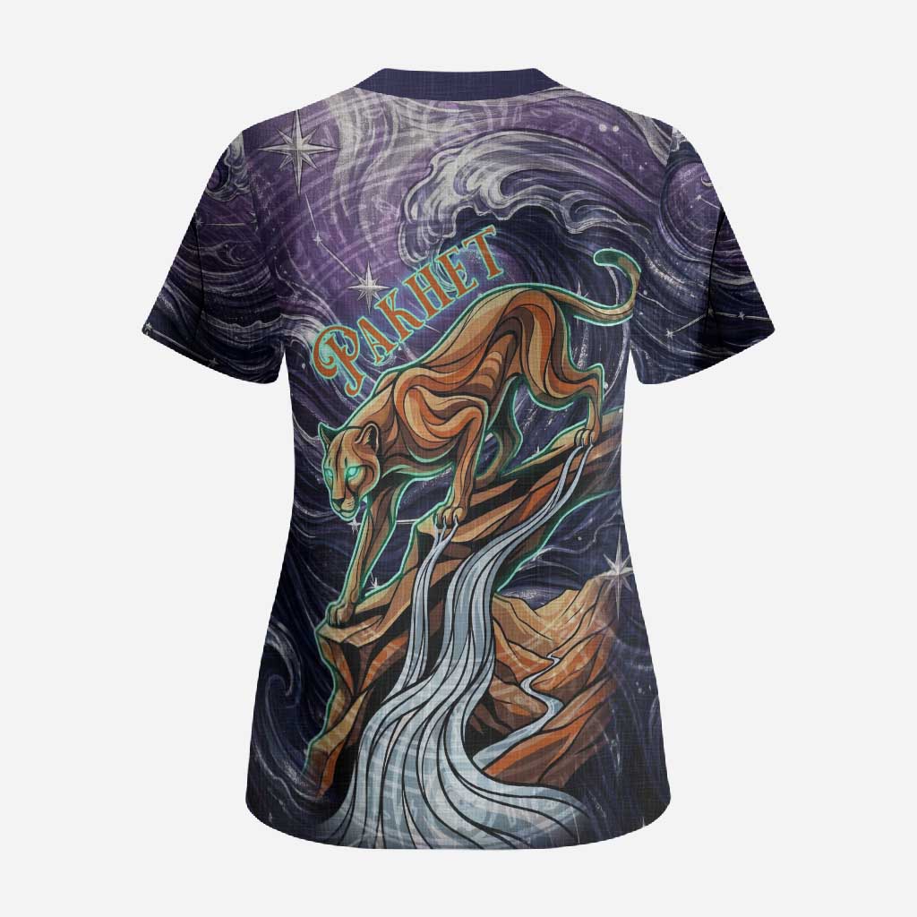 Pakhet Panther Scrub Top with Cosmic Feline Eye on Starry Night River