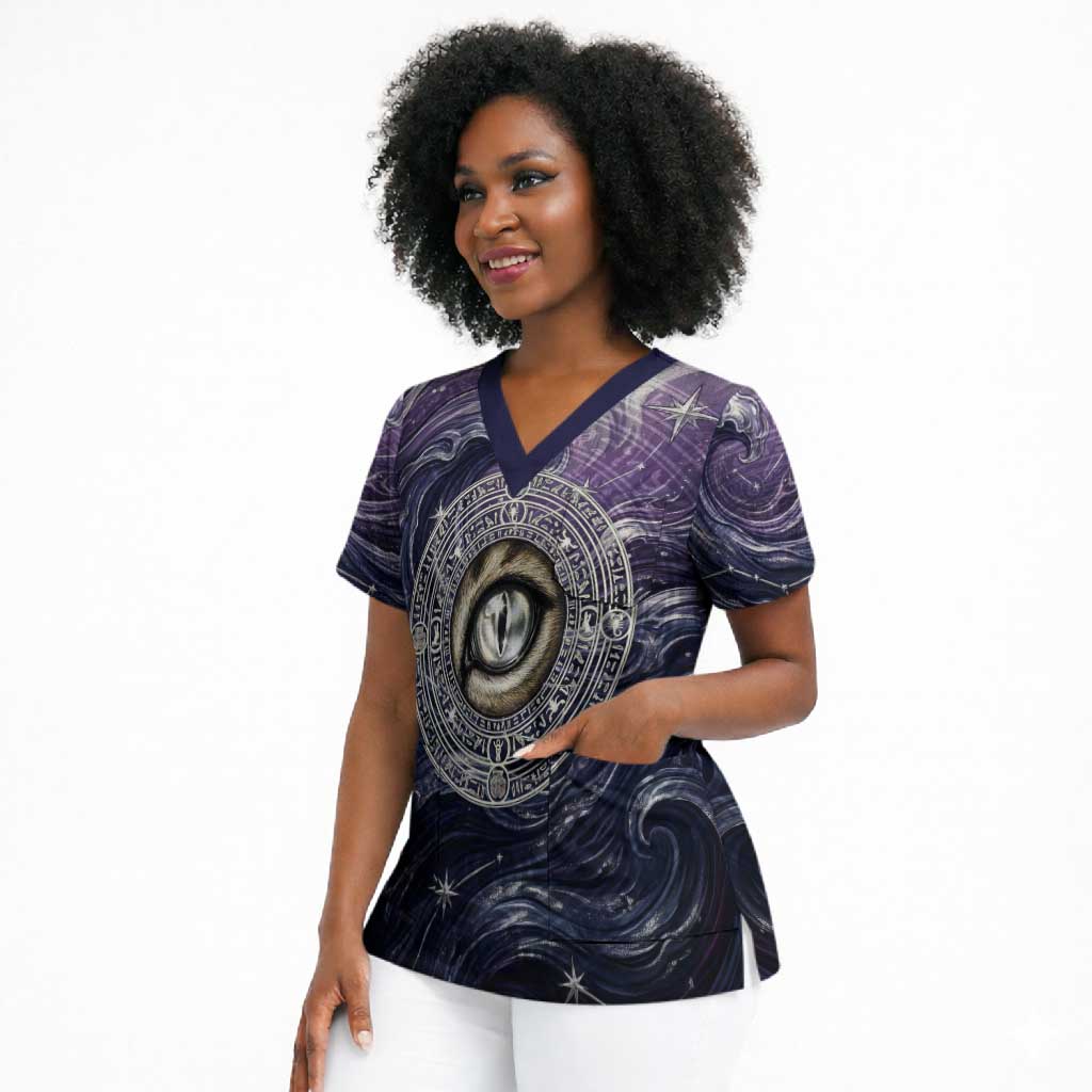 Pakhet Panther Scrub Top with Cosmic Feline Eye on Starry Night River
