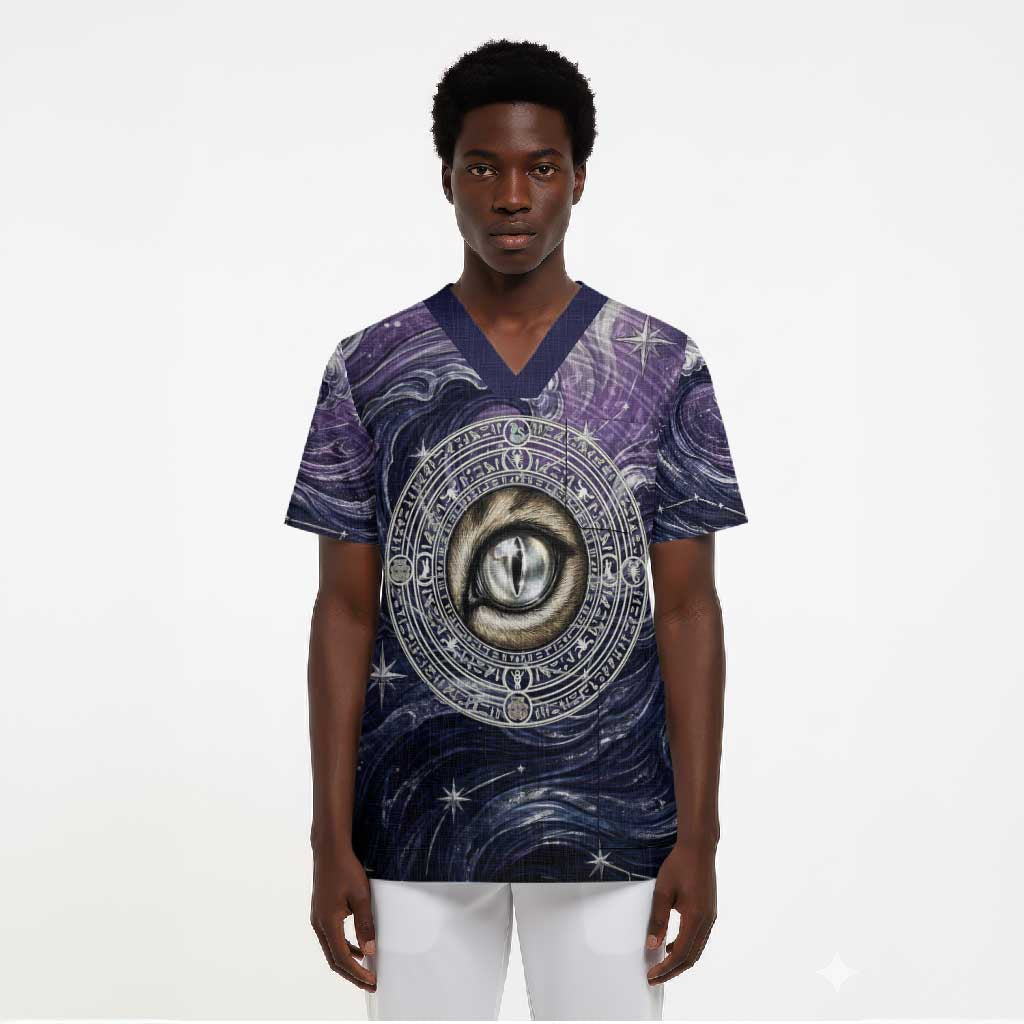 Pakhet Panther Scrub Top with Cosmic Feline Eye on Starry Night River