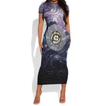 Pakhet Panther Short Sleeve Bodycon Dress with Cosmic Feline Eye on Starry Night River