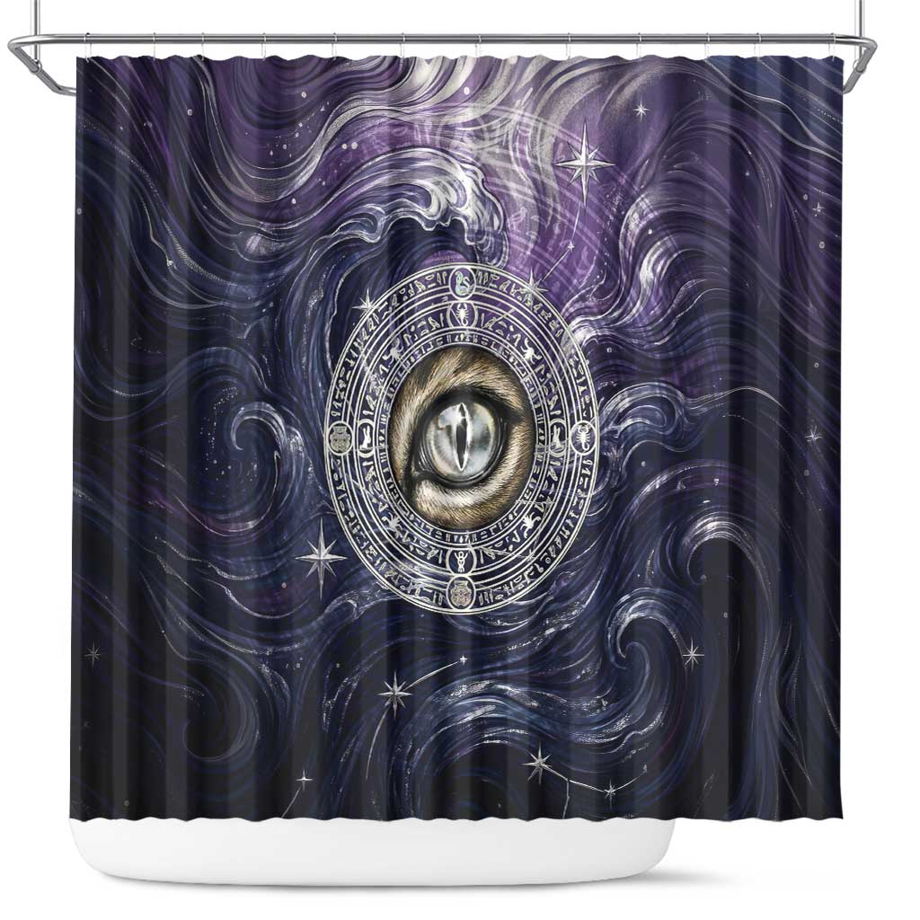 Pakhet Panther Shower Curtain with Cosmic Feline Eye on Starry Night River