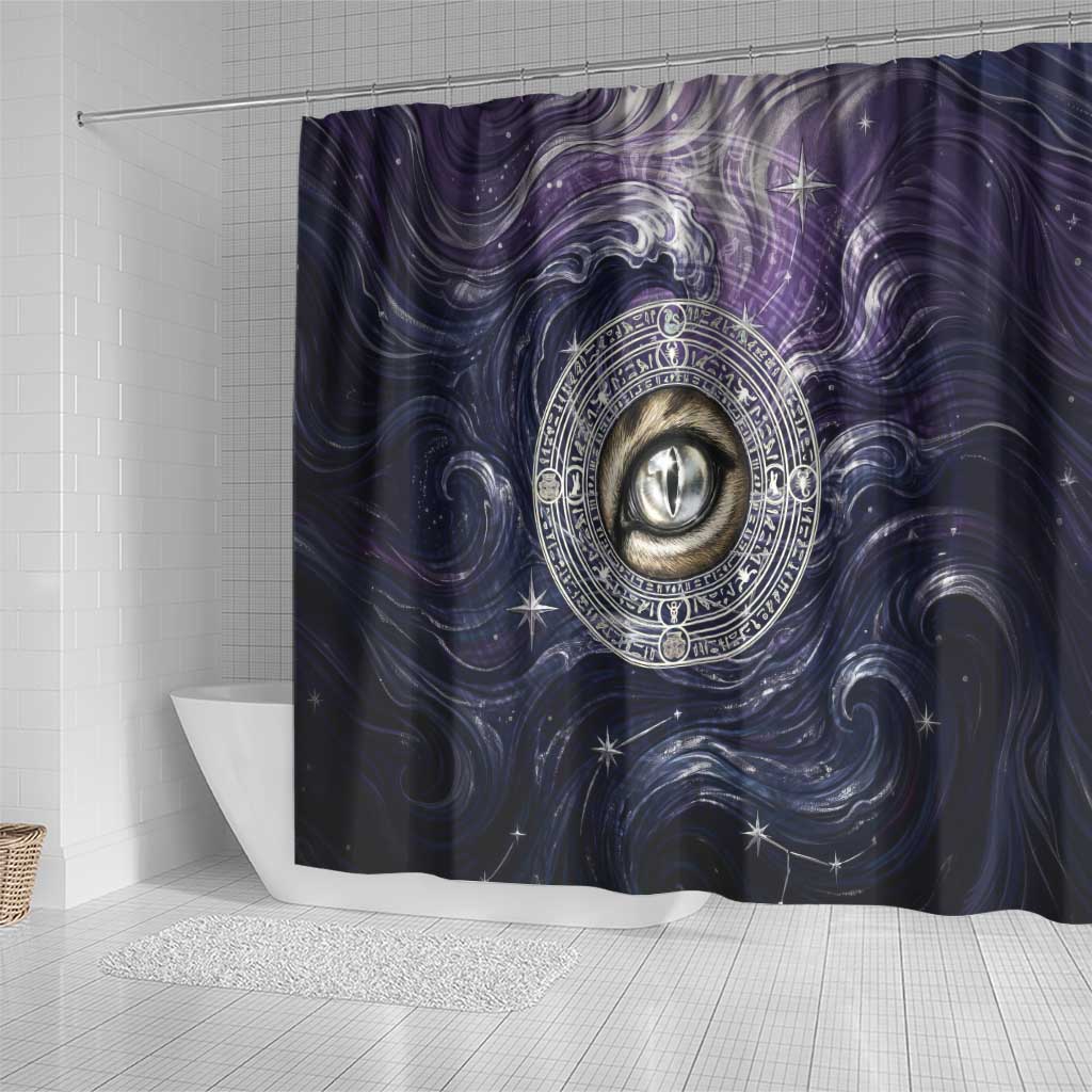 Pakhet Panther Shower Curtain with Cosmic Feline Eye on Starry Night River