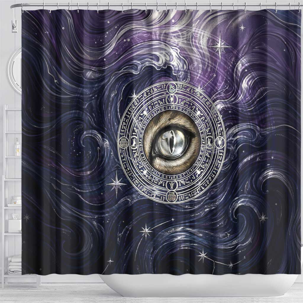 Pakhet Panther Shower Curtain with Cosmic Feline Eye on Starry Night River