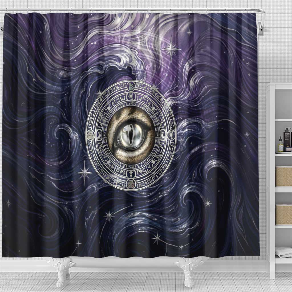 Pakhet Panther Shower Curtain with Cosmic Feline Eye on Starry Night River