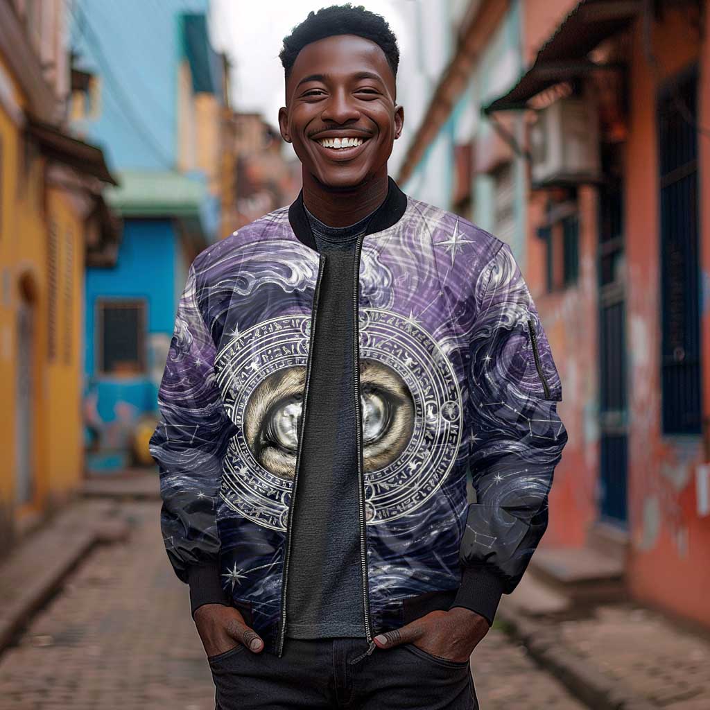 Pakhet Panther Sleeve Zip Bomber Jacket with Cosmic Feline Eye on Starry Night River