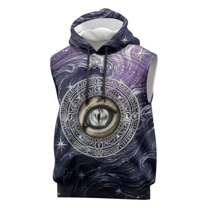 Pakhet Panther Sleeveless Hoodie with Cosmic Feline Eye on Starry Night River