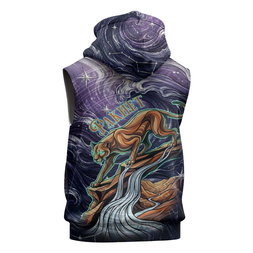 Pakhet Panther Sleeveless Hoodie with Cosmic Feline Eye on Starry Night River