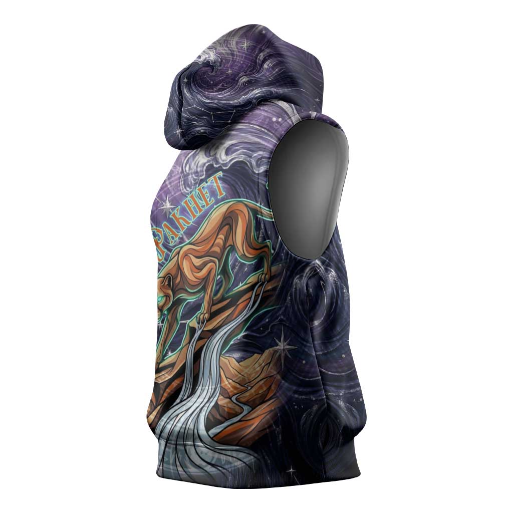 Pakhet Panther Sleeveless Hoodie with Cosmic Feline Eye on Starry Night River
