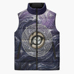 Pakhet Panther Sleeveless Puffer Jacket with Cosmic Feline Eye on Starry Night River