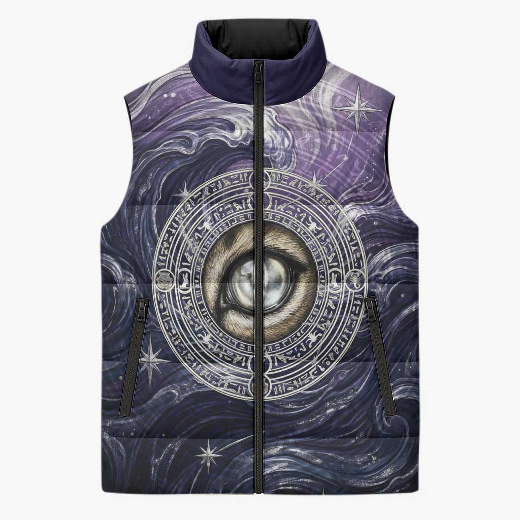 Pakhet Panther Sleeveless Puffer Jacket with Cosmic Feline Eye on Starry Night River