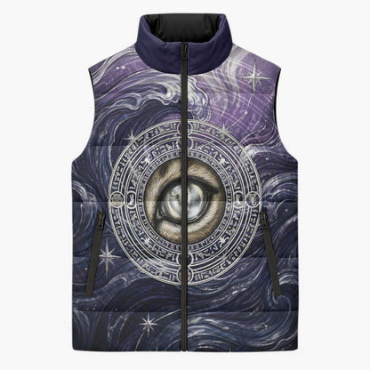 Pakhet Panther Sleeveless Puffer Jacket with Cosmic Feline Eye on Starry Night River