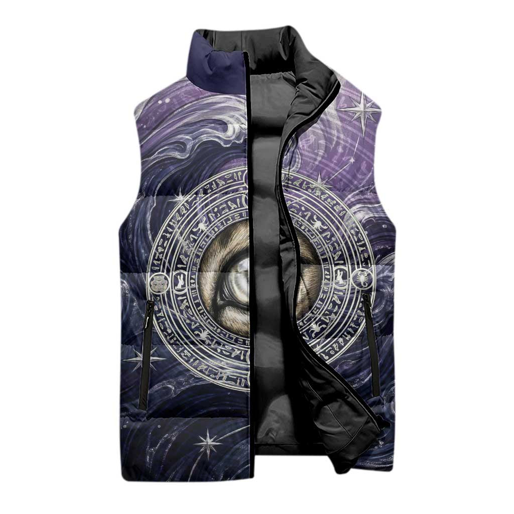Pakhet Panther Sleeveless Puffer Jacket with Cosmic Feline Eye on Starry Night River