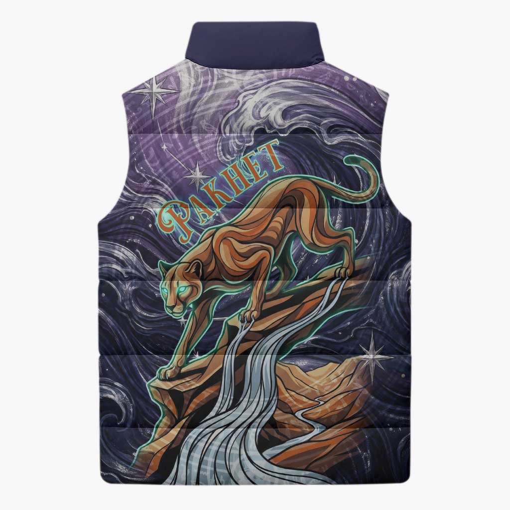 Pakhet Panther Sleeveless Puffer Jacket with Cosmic Feline Eye on Starry Night River