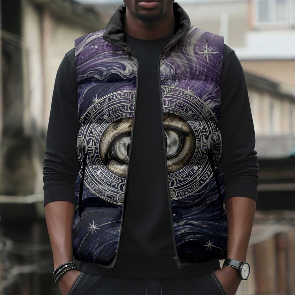Pakhet Panther Sleeveless Puffer Jacket with Cosmic Feline Eye on Starry Night River