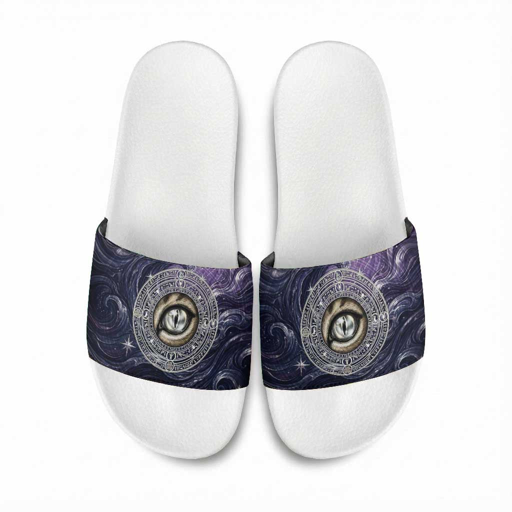 Pakhet Panther Slide Sandals with Cosmic Feline Eye on Starry Night River