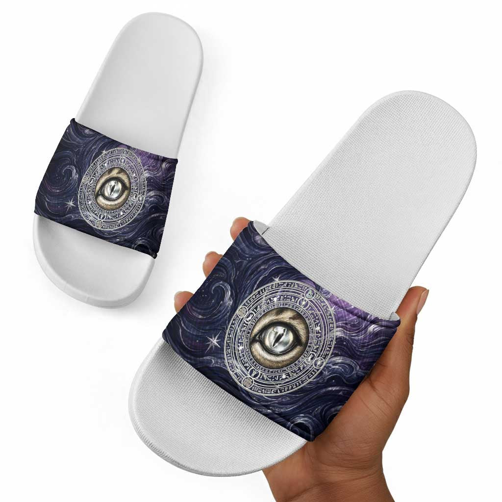 Pakhet Panther Slide Sandals with Cosmic Feline Eye on Starry Night River