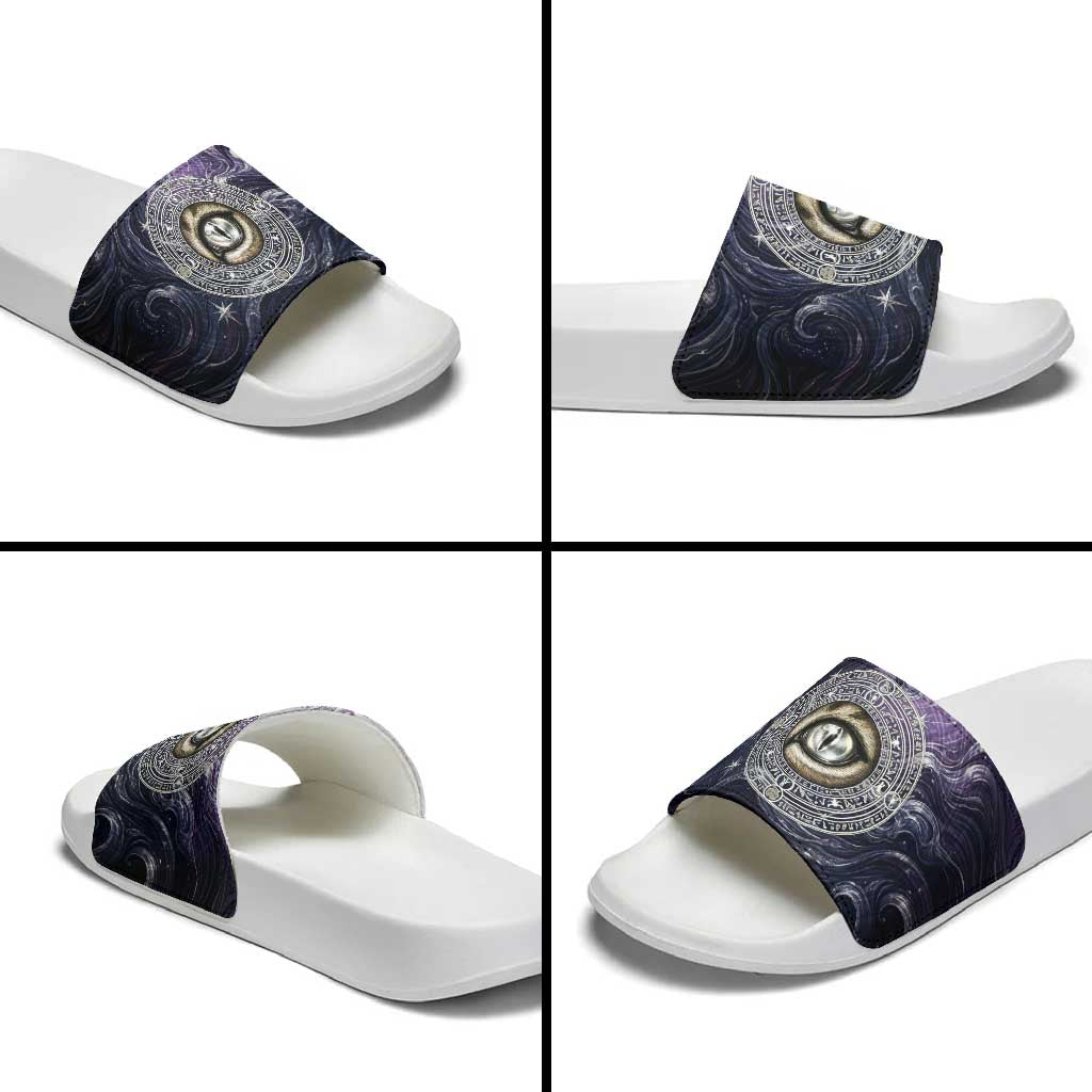 Pakhet Panther Slide Sandals with Cosmic Feline Eye on Starry Night River