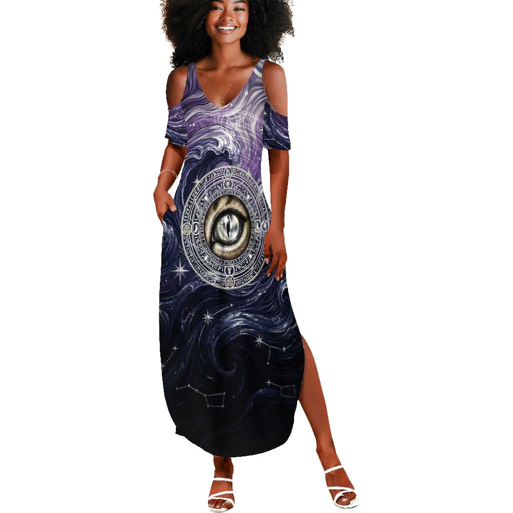 Pakhet Panther Summer Maxi Dress with Cosmic Feline Eye on Starry Night River