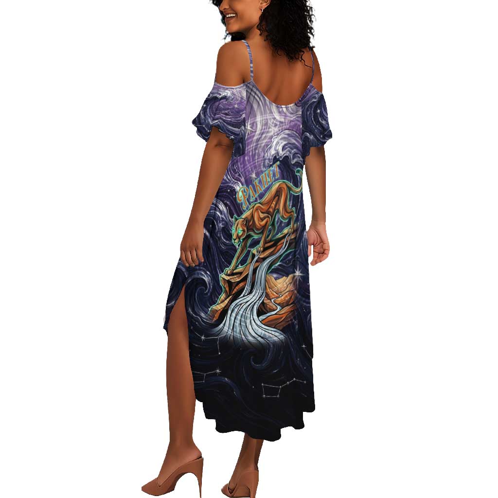 Pakhet Panther Summer Maxi Dress with Cosmic Feline Eye on Starry Night River