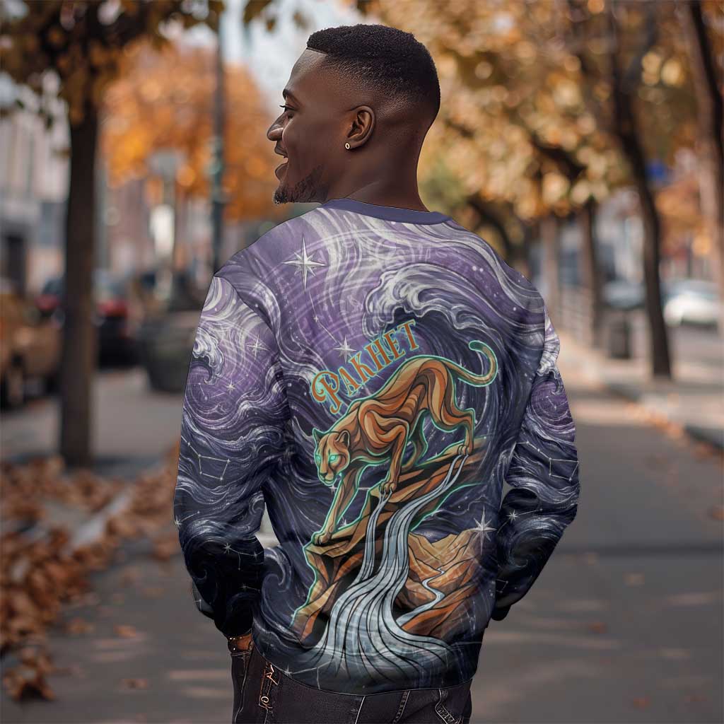 Pakhet Panther Sweatshirt with Cosmic Feline Eye on Starry Night River
