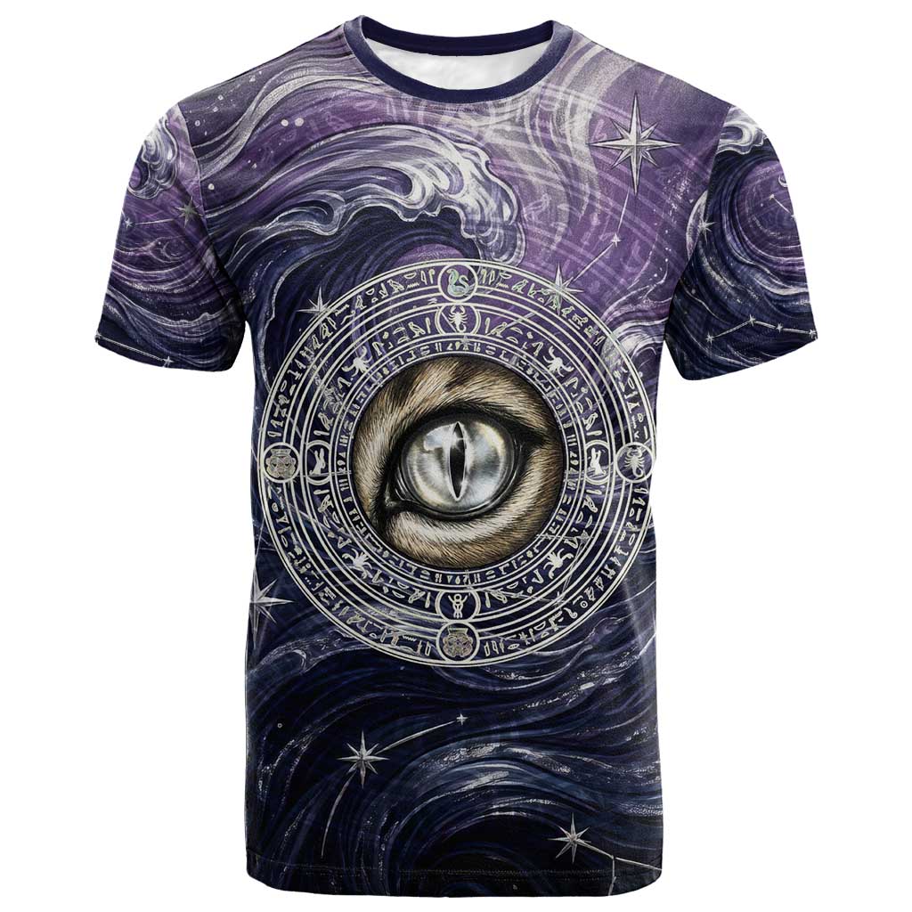 Pakhet Panther T shirt with Cosmic Feline Eye on Starry Night River