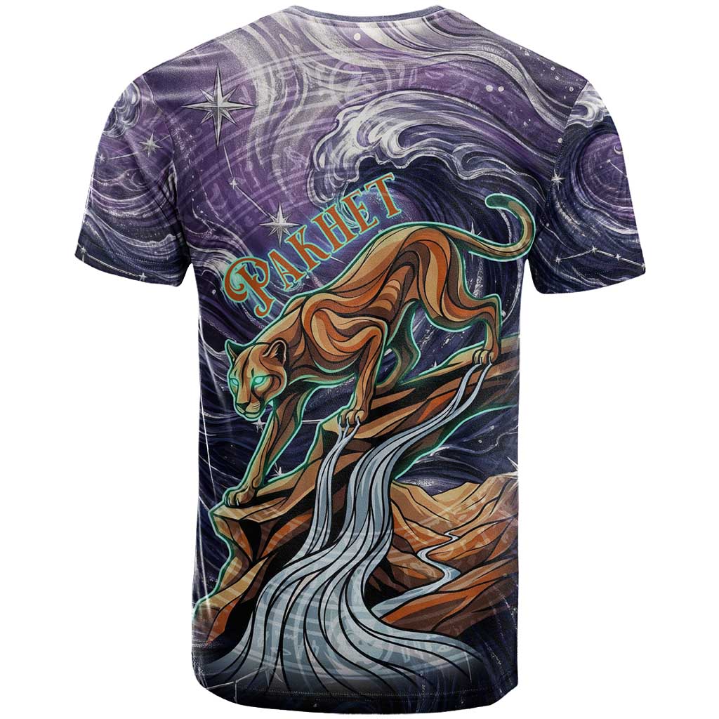 Pakhet Panther T shirt with Cosmic Feline Eye on Starry Night River
