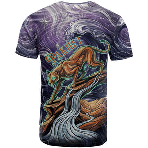 Pakhet Panther T shirt with Cosmic Feline Eye on Starry Night River