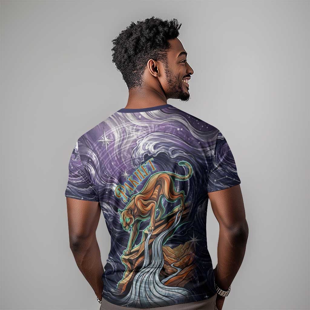 Pakhet Panther T shirt with Cosmic Feline Eye on Starry Night River